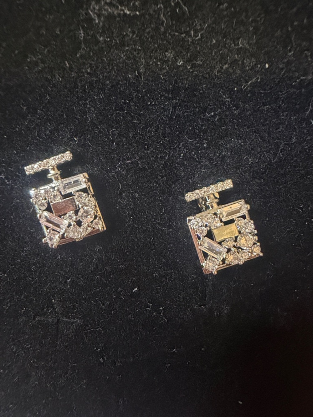 Stainless CZ Crystal Square Statement Earrings - Silver Tone